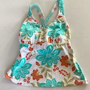 Lands' End Women’s Floral Swim Tank Top - Teal, Orange, White